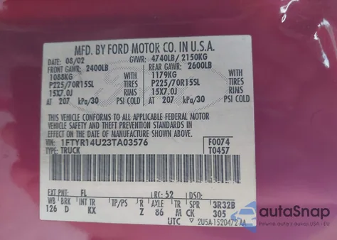 2003 Ford Ranger Edge/Tremor/Xl/Xlt z USA, uszkodzony, nr VIN 1FTYR14U23TA03576